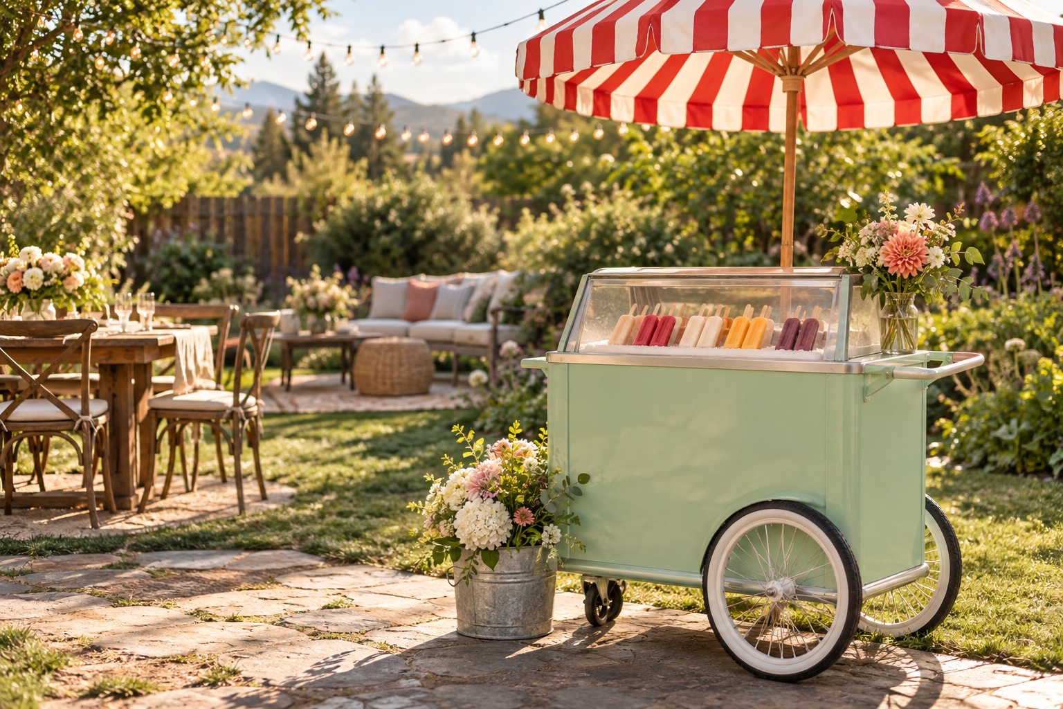 A pistachio-green popsicle cart with a striped umbrella at a sunlit garden party; styling inspiration